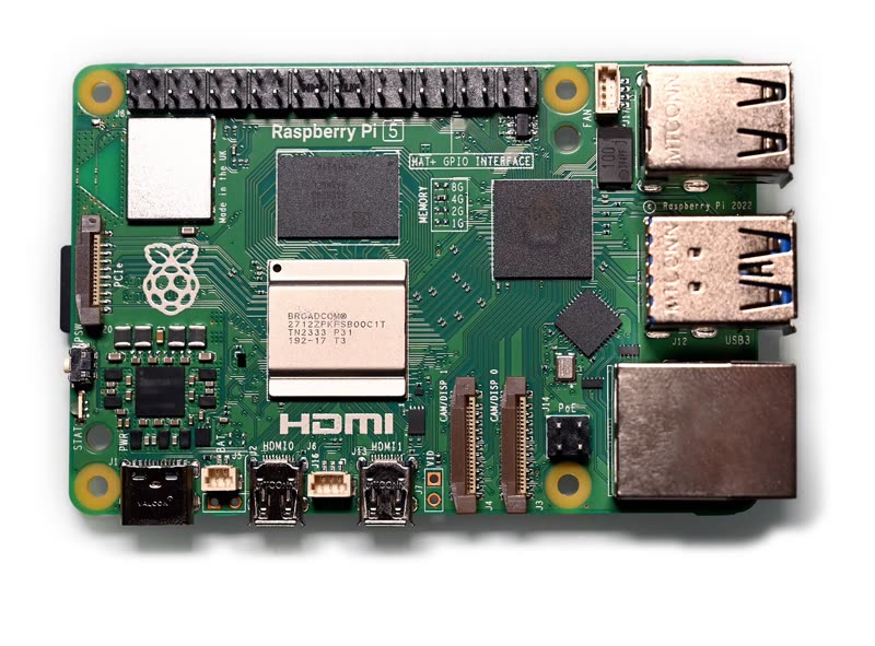 A Raspberry Pi 5 single-board computer, seen from above